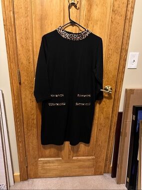 Talbots Black Midi Dress with Leopard Trim